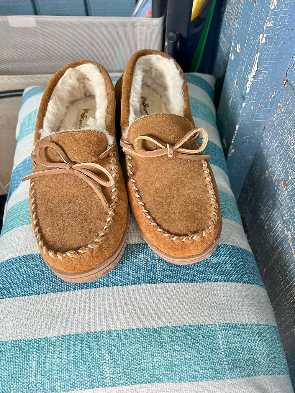 NWOB Men’s 9 My Slippers Luxury Leather Suede Coastal Fur Brown Boat Shoes Prep